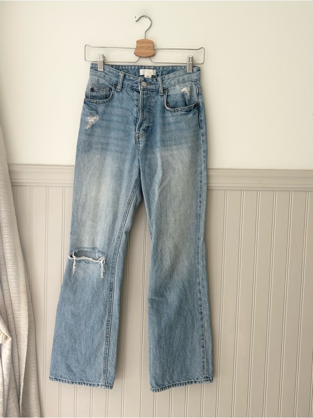 H&M Size 2 Light Blue Distressed Straight Leg Jeans Button Fly